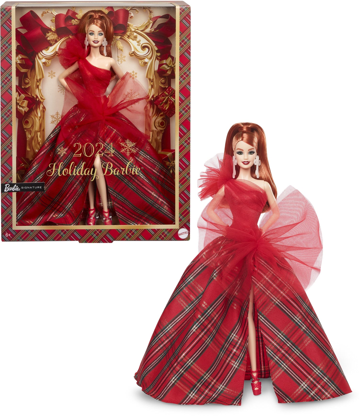 Barbie 2024 Holiday Barbie Dolls, Seasonal Collector Gift, Barbie Signature, Plaid Gown with Red Bow [Walmart Exclusive]